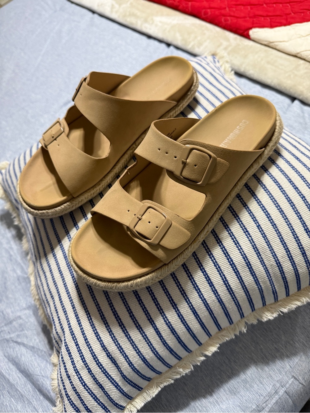 Womens Tan Double-Buckle Slide Sandals